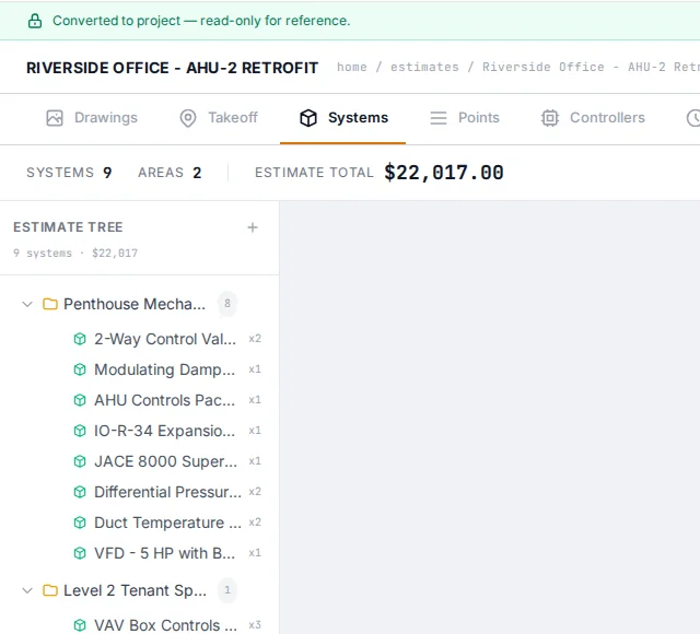 Estimate Systems tab: nine systems across two areas — control valves, dampers, AHU controls package, JACE 8000, sensors, a VFD and VAV box controls — totalling $22,017.00.