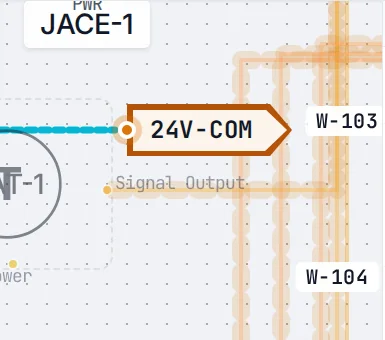 Close-up: a 24V-COM net tag on a controller port, next to wire numbers W-103 and W-104.